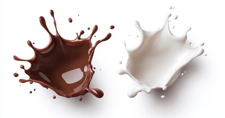 Poster - Splashes of Milk Chocolate and White Cream on a White Background Captured in High Definition for Culinary or Beverage Photography