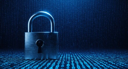 A cybersecurity concept featuring a glowing padlock over a digital binary code background, representing data protection and online security