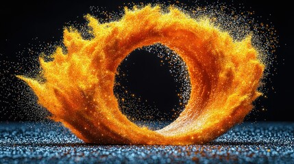 Wall Mural - orange powder explosion creating a ring shape against black background with blue base