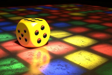 Fototapete - Yellow dice on multicolored patterned floor under bright lights