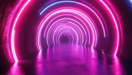 Poster - Vibrant Neon Tunnel with Circular Light Patterns for Futuristic and Abstract Backgrounds in Photography and Digital Art Projects