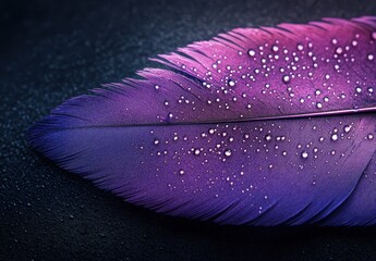 Poster - Vibrant Purple Feather with Water Droplets on Dark Background, Capturing Nature's Elegance and Intricate Details in Close-Up Photography