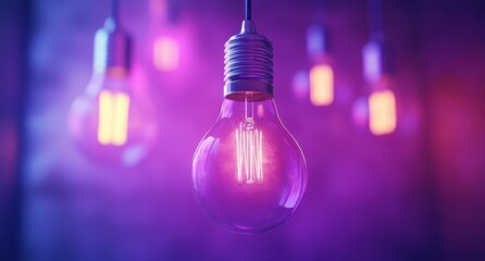 Poster - Vintage Light Bulb with Vibrant Purple and Pink Glow Hanging in a Modern Setting, Creating an Inviting and Artistic Atmosphere