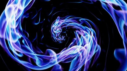 Poster - Swirling blue and purple abstract flames on black background, energy flow concept