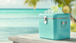 © ธันวา พรหมคำบุตร - vibrant cooler filled with ice and refreshing drink sits on wooden table by beach, surrounded by palm trees and ocean. Perfect for summer relaxation