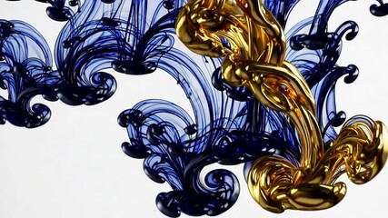Poster - Gold and blue ink swirling in water, abstract art on white background. Creative design concept