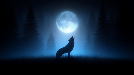 dramatic wolf silhouette howls against full moon in misty forest
