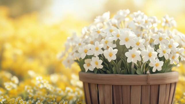 The 3D rendering showcases a wooden basket overflowing with white flowers, set against a cheerful yellow spring backdrop.