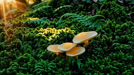 Aufkleber - Mushrooms illuminated by sunlight on green moss, peaceful forest scene. Nature concept