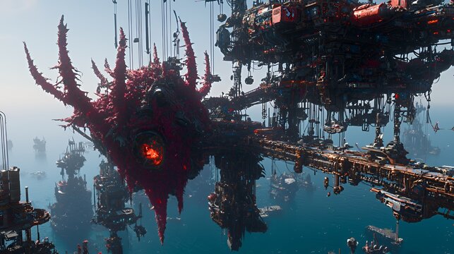 Futuristic Floating Cityscape with Red Organic Structures