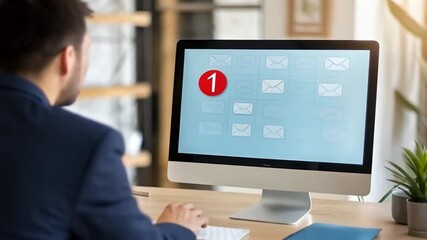 Poster - Professional Businessperson Reading Email Notification on Desktop Computer in Modern Office Workspace. Efficient Communication, Corporate Success,    