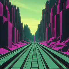 Wall Mural - 3d illustration green railway track pink cityscape abstract background