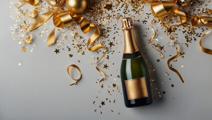 Celebration background with golden champagne bottle, confetti stars and party streamers. Birthday or wedding concept. Flat lay