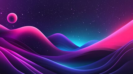 Poster - Vibrant Cosmic Landscape With Flowing Waves Under a Starry Sky