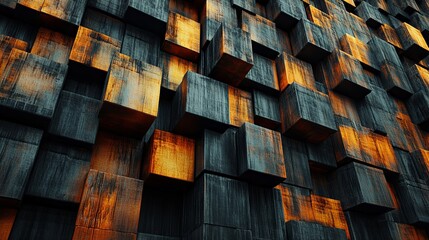 Poster - Abstract design of textured cubes in dark and orange shades creates a striking visual impact on the surface