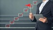© Mobasser - Businessman with red flags climbing growth steps, leadership in project management, overcoming obstacles, achieving business goals, and milestones.