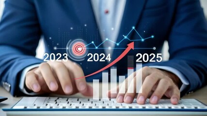 Aufkleber - Global Business Growth: Strategic Planning for 2025 and Beyond. A businessman meticulously analyzes financial data, charting a course for long-term   