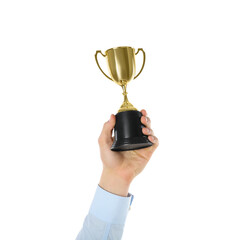 Wall Mural - man with golden trophy cup on white background, closeup