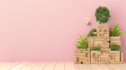 Poster - Wooden Planters with Green Plants on Light Pink Background and Hanging Bulb Overhead