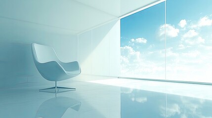 Poster - Modern interior design featuring minimalist chair and panoramic view of clouds in bright, airy space