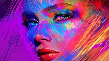 Poster - Vibrant Artistic Portrait Showcasing Intense Colors and Expressive Features of a Woman in an Imaginative Style