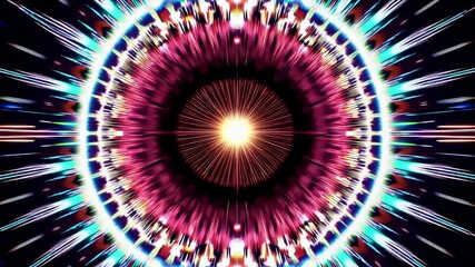 Poster - Vibrant circular kaleidoscope pattern with radiant center glowing in dark background