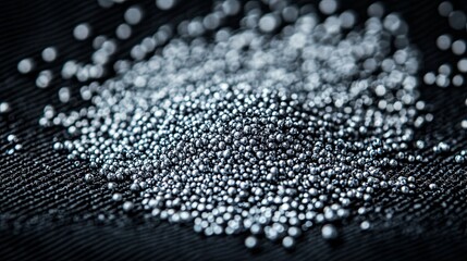 Poster - Metallic silver beads scattered on a dark textured surface creating a visually striking contrast
