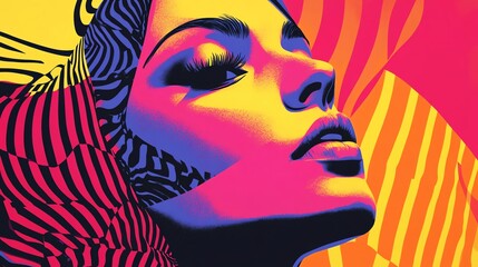 Poster - Vibrant Abstract Portrait of a Woman With Bold Colors and Intricate Patterns in a Lively Design