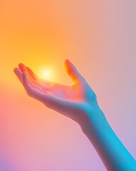 Poster - Hand Reaching out With Colorful Light Against a Soft Gradient Background Showcasing Creativity and Artistic Expression
