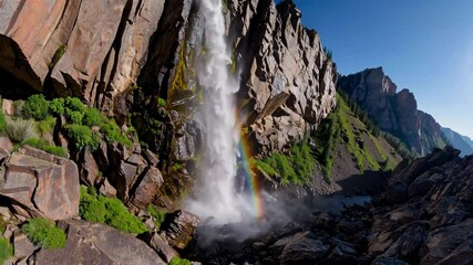 Wall Mural - Majestic waterfall cascading over cliffs with vibrant rainbow, serene nature scene