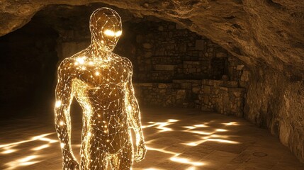 Poster - Sculptural figure made of light standing in an ancient cave with glowing patterns on the ground