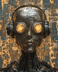 Poster - Robot With Glowing Eyes and Headphones Against a Geometric Background, Showcasing Futuristic Technology and Design Concepts