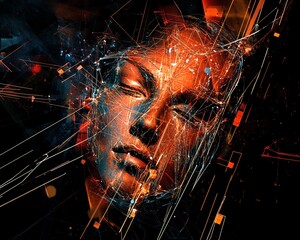 Poster - Digital Art Depicting a Futuristic Human Face With Abstract Geometric Patterns and Vibrant Colors