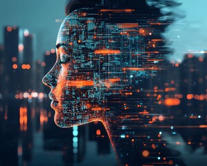 Poster - Cybernetic Profile of a Woman With Digital Elements in a Futuristic Cityscape at Dusk