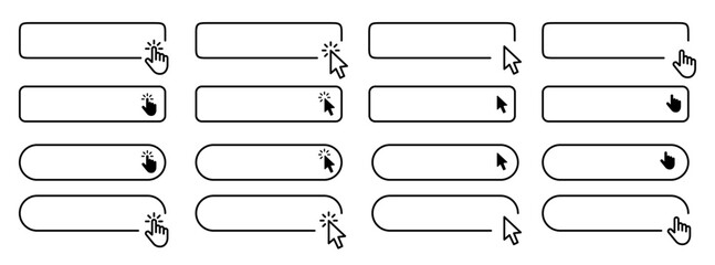 Poster - Click Here Button with hand or mouse cursor. Click button. Modern action button. Computer mouse cursor or hand pointer symbol. Set for button website design.