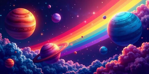 Wall Mural - Vibrant seamless backdrop with stylized rainbow planets in outer space, space, colorful