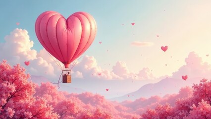  A whimsical journey above a blossoming landscape, a heart-shaped balloon carrying a passenger amidst a sky filled with smaller hearts.