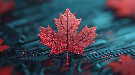 Poster - Red Maple Leaf on a Circuit Board in a Futuristic Digital Technology Environment