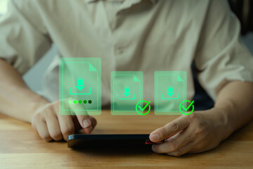 Poster - Person using a mobile phone with glowing green download icons and progress indicators, representing data transfer, cloud storage, file management, and digital technology.