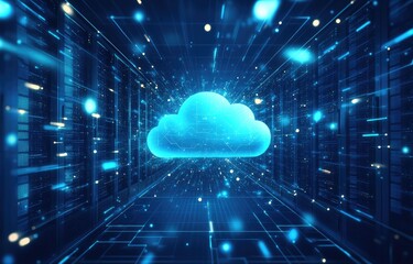 Poster - A futuristic data center with glowing blue servers and a digital cloud icon, symbolizing cloud computing and cybersecurity. Ideal for AI, networking, and cloud storage concepts