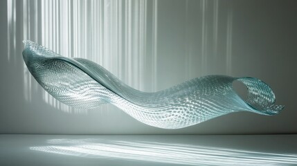 Poster - A dynamic, high-tech glass-like wave element suspended in space, catching light and shadows with an ethereal effect.