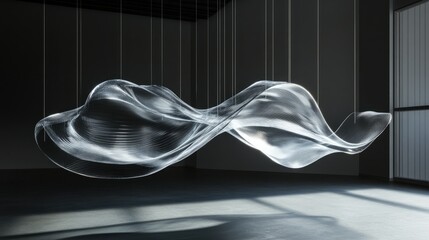 Poster - A dynamic, high-tech glass-like wave element suspended in space, catching light and shadows with an ethereal effect.