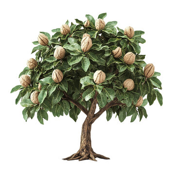 A detailed rendering displays a tree with mature nuts, showcasing its natural textures and organic structure.