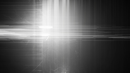 Poster - Abstract black background with dynamic white lines and glowing light rays. Digital futuristic illustration with glitch effect, noise texture, and minimalist monochrome design. High-contrast black and 