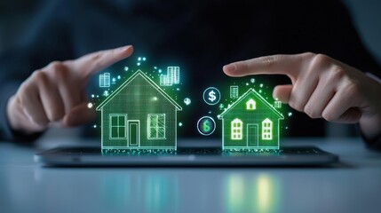 Poster - Digital Representation of Real Estate Investment with Virtual Houses and Financial Icons on a Tablet Screen in Modern Office Environment