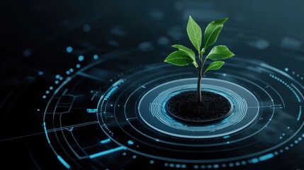 Poster - Technology Meets Nature: Fresh Green Plant Emerging from Soil on a Futuristic Digital Background Creating a Symbol of Growth and Innovation