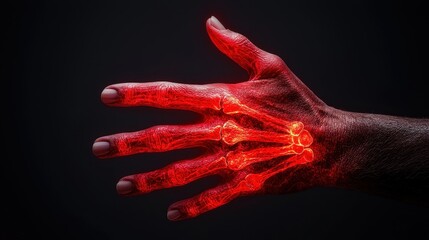 Poster - Human Hand Anatomy with Red Neon Skeleton Visualization on Dark Background for Medical and Educational Use
