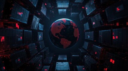 Poster - Futuristic Global Network with Servers and Digital Earth Displaying Data in Red Fluorescent Lights for Technology and Data Center Imagery
