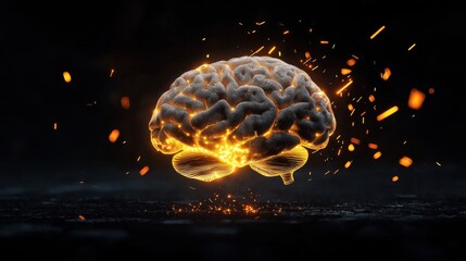 Poster - Glowing Brain Concept with Sparks and Particles Representing Creativity, Intelligence, and Innovation Against a Dark Background