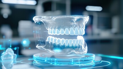 Poster - Futuristic 3D holographic display of human teeth and jawbone anatomy in a modern laboratory setting with digital interfaces and blue glowing elements